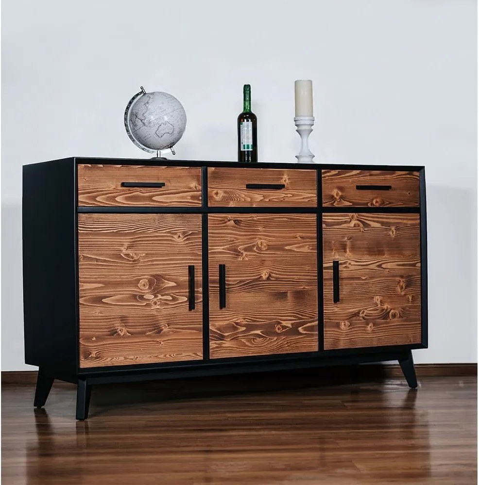 Comodă lemn masiv Timeless 3 Sertare 3 Uși Negru, 146 × 45 × 85 cm