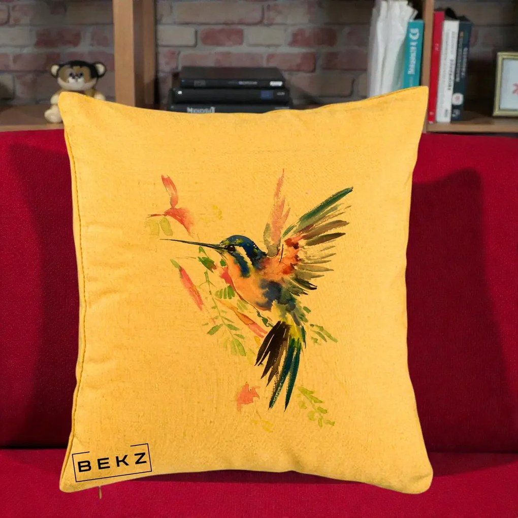 Perna Decorativa Colibri Acuarela, 40x40 cm, Galben, Husa Detasabila, Perna Inclusa, BEKZ®