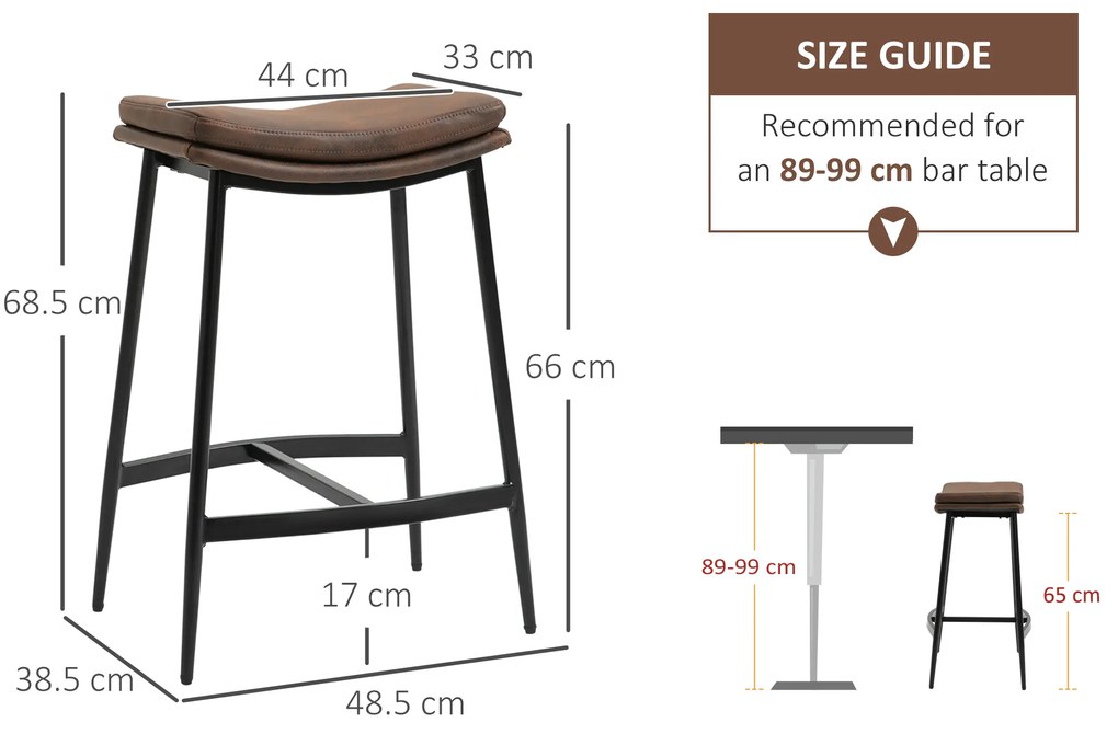 HOMCOM Set 2 Scaune de Bar în Stil Industrial, din Piele Ecologică, 48.5x38.5x68.5 cm, Negru și Maro | Aosom Romania
