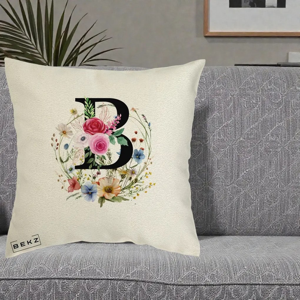 Cadou Personalizat - Perna Personalizata Monogram Litera B cu Flori Acuarela, 40x40 cm, Ecru, Husa Detasabila, Perna Inclusa, BEKZ®