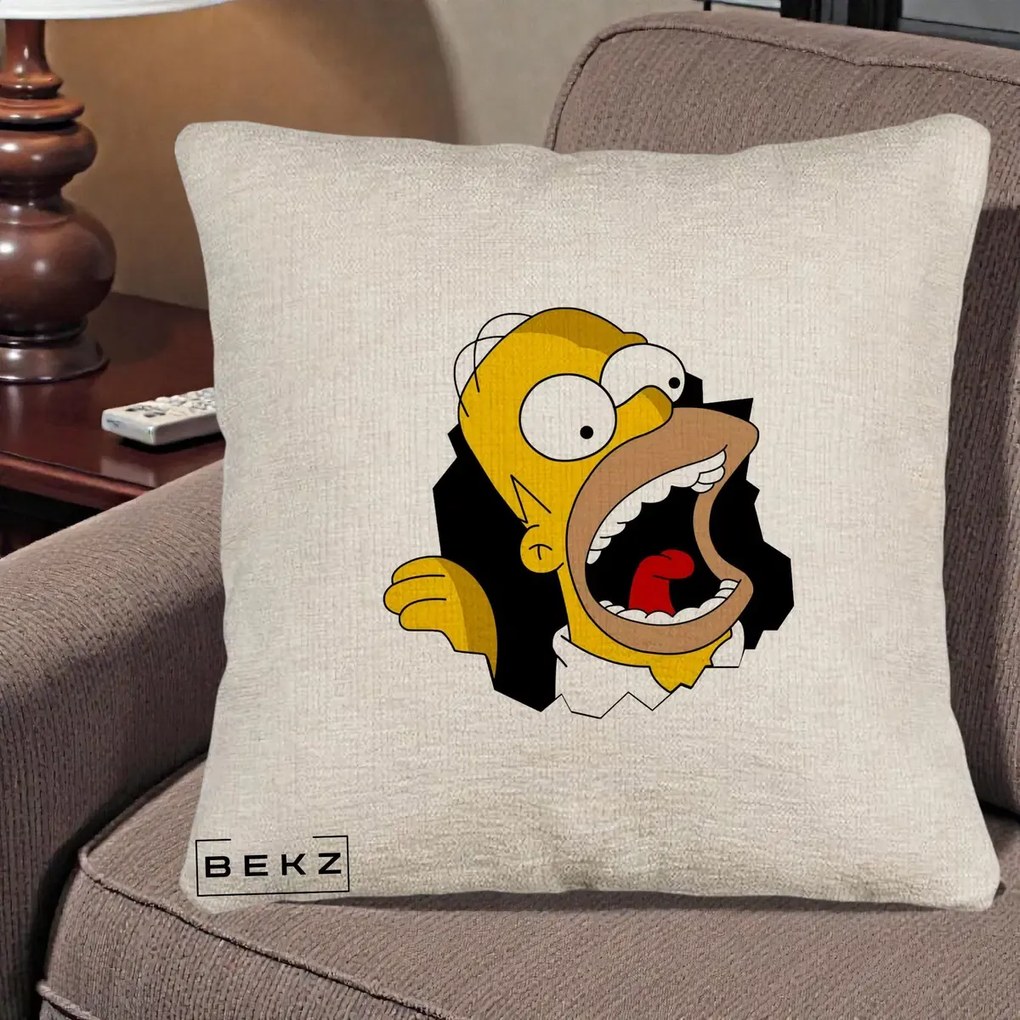 Perna Personalizata Homer Simpson Surpriza, 40x40 cm, Bej Canapea, Husa Detasabila, Perna Inclusa, BEKZ®