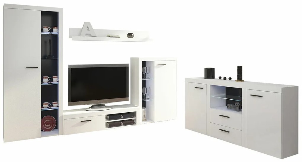 Set camera de zi Tucson 106Alb, Cu comodă TV, Cu componente suplimentare, Părți separate, PAL laminat, Sticlă, 190x41cm, 146 kg