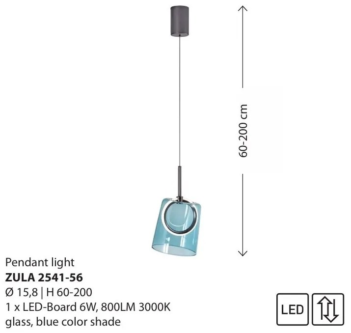 Pendul modern LED 3000K, inaltime reglabila, sticla, albastru, Zula
