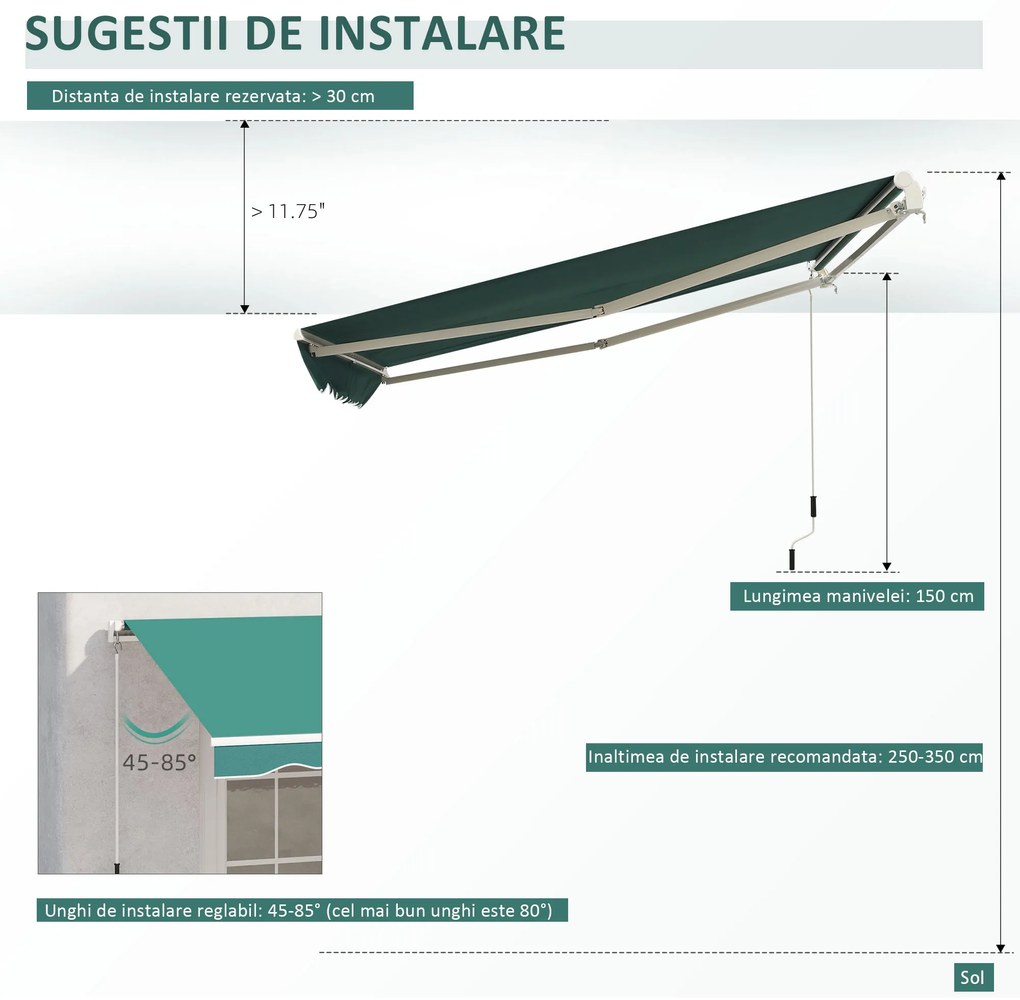 Copertina Soare Retractabila cu Manivela, Outsunny, Metal si Aluminiu, Verde, 400x250cm | Aosom Romania