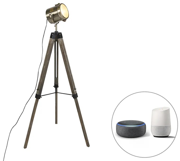 Lampă de podea inteligentă cu trepied din lemn cu spot de studio incl. Wifi B35 - Braha
