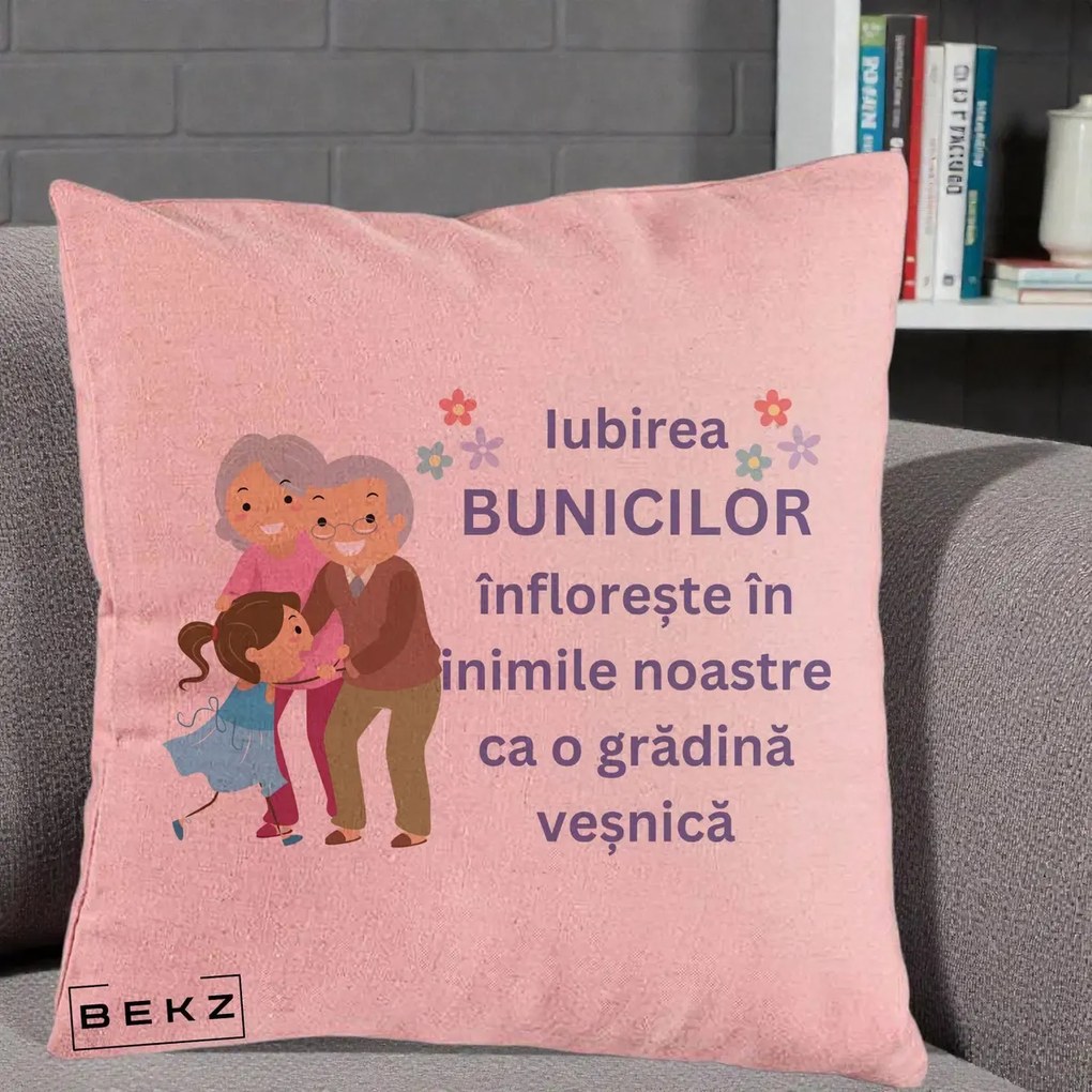 Cadou pentru Bunici - Perna Personalizata Bunicii Iubirea Infloreste Bunici cu Nepoata Colorat, 40x40 cm, Roz, Husa Detasabila, Perna Inclusa, BEKZ®