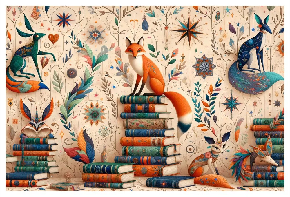 Tablou vulpi în bibliotecă