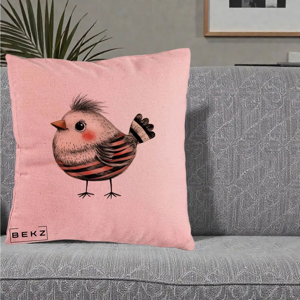 Perna Decorativa Pui Expresiv Dungi Negru-Rosu, 40x40 cm, Roz, Husa Detasabila, Perna Inclusa, BEKZ®
