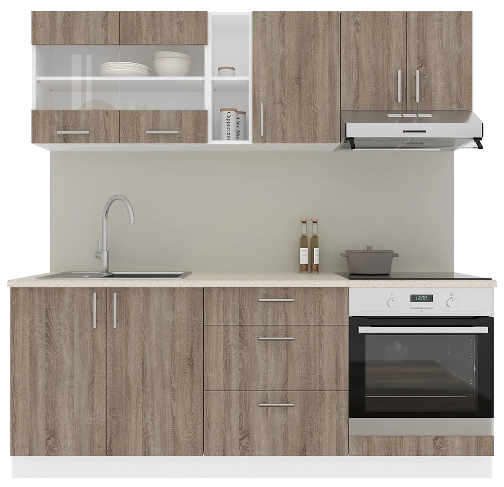 Set Bucatarie Karo V12, Stejar Sonoma Inchis/Alb, Blat Thermo 28 mm, L 200 cm