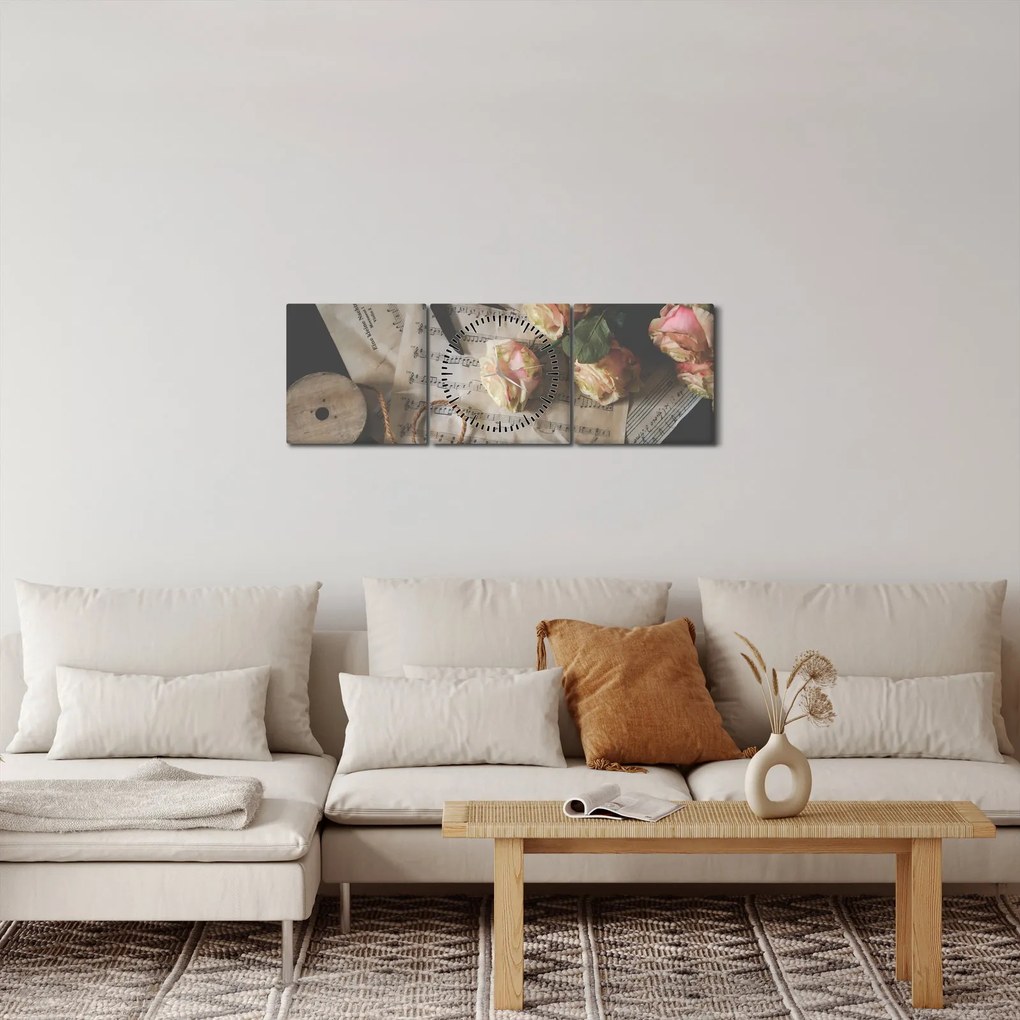 Tablou cu note muzicale și trandafiri (cu ceas) (90x30 cm)