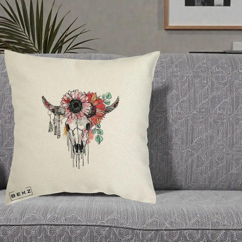 Perna Decorativa Craniu Boho Floral, 40x40 cm, Ecru, Husa Detasabila, Perna Inclusa, BEKZ®