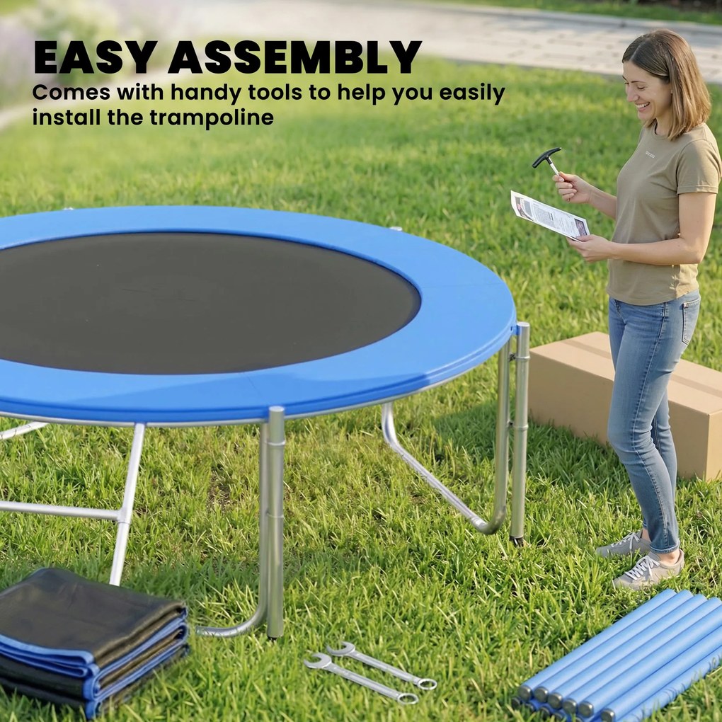 SPORTNOW Trambulină Elastică pentru Adulți Ø244cm, Covor Elastic pentru Adulți cu Plasă de Protecție, Scară cu 2 Trepte, Protecție pentru Arcuri, Structură din Oțel, Capacitate 100kg, Albastru | Aosom Romania