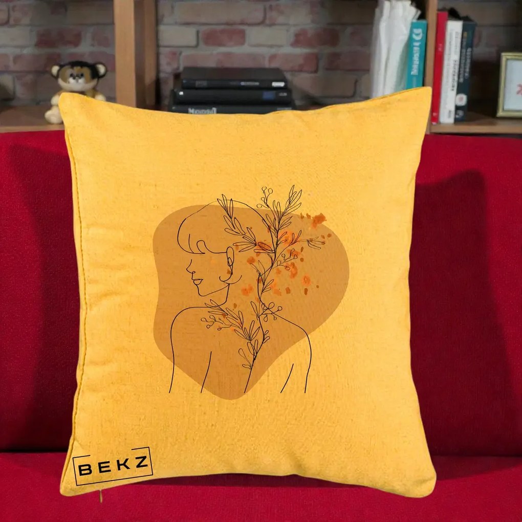 Perna Decorativa Femeie cu Flori Line Art Boho, 40x40 cm, Galben, Husa Detasabila, Perna Inclusa, BEKZ®