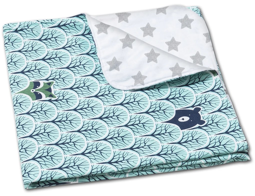 Paturica dubla din bumbac si flanel 100x75 cm Kidizi Animals Mint, 100% bumbac