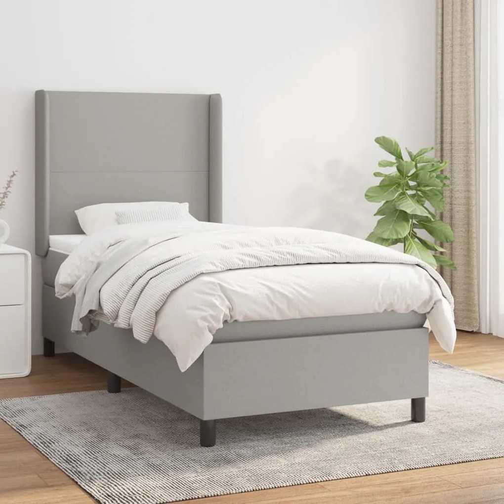 vidaXL Pat box spring cu saltea, gri deschis, 90x190 cm, textil