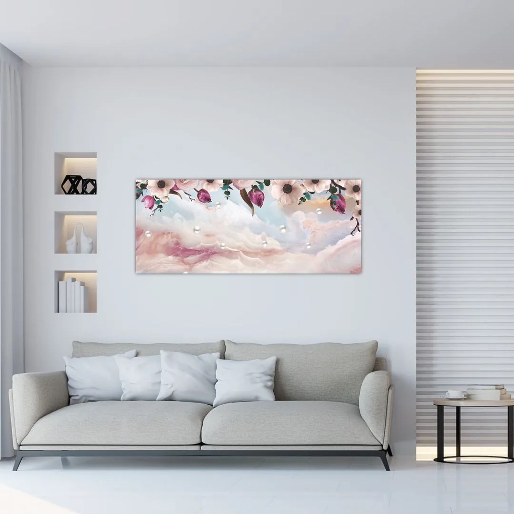 Tablou - Flori roz și marmură roz (120x50 cm)