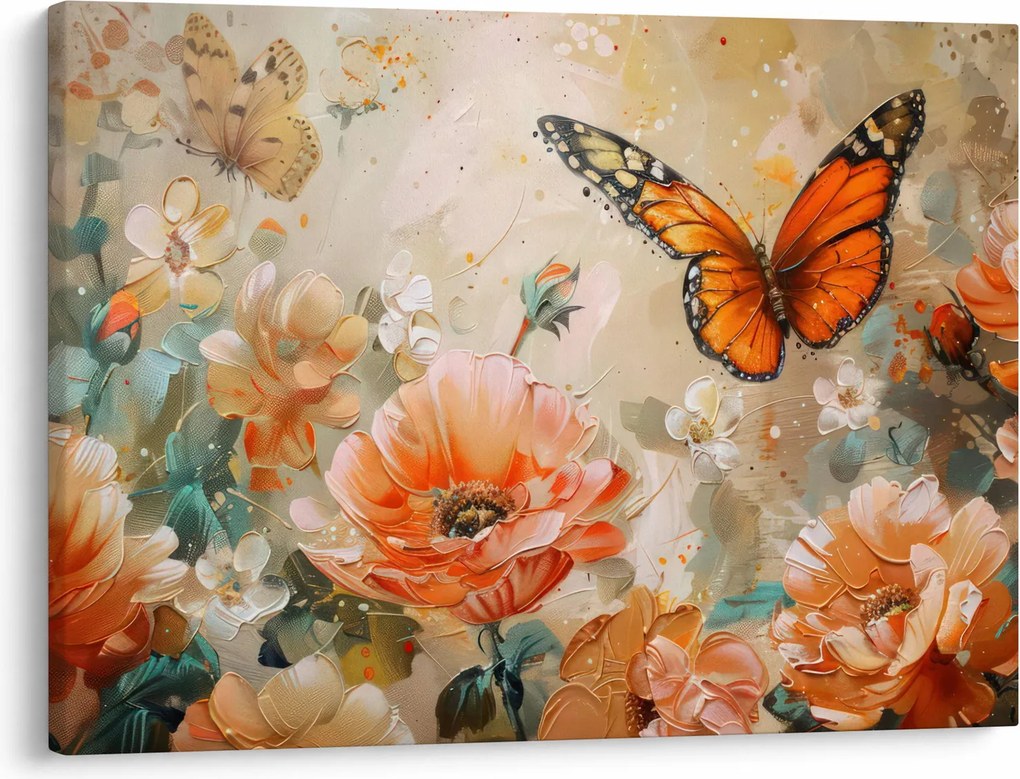 Tablou - Fluture și flori, pictură în ulei (70x50 cm)