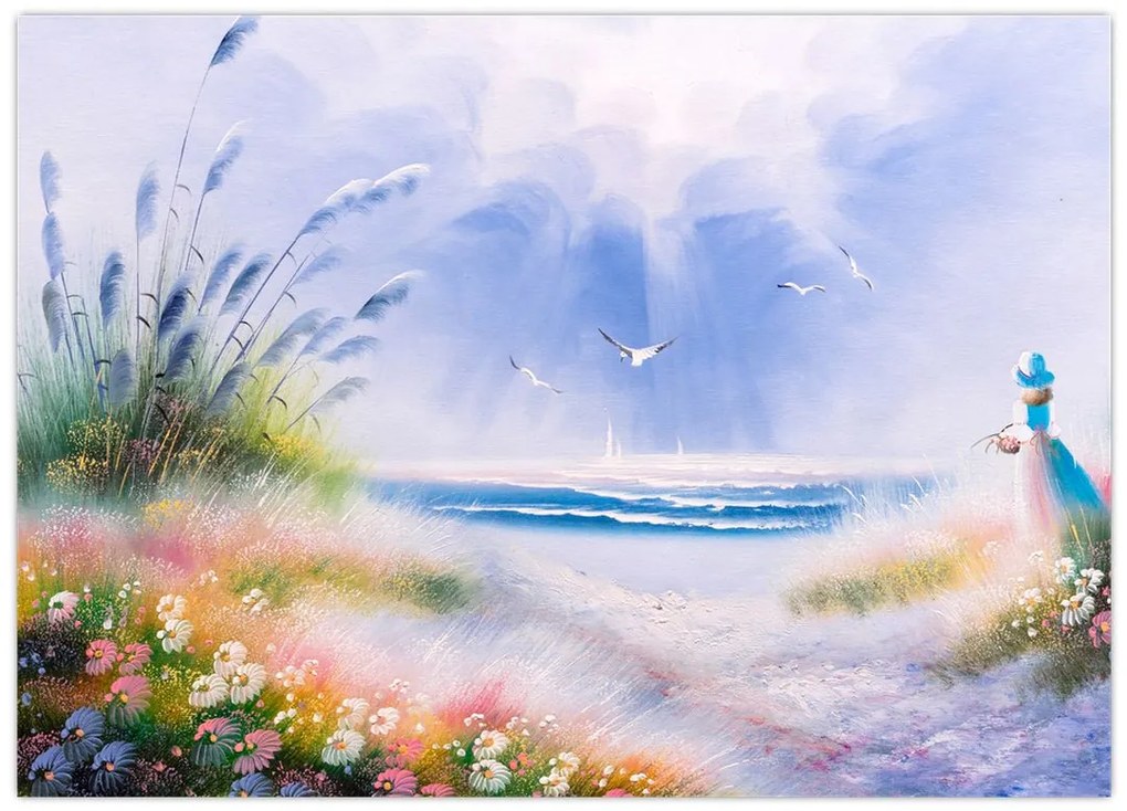 Tablou pe sticlă - Plaja romantică, pictură în ulei (70x50 cm)