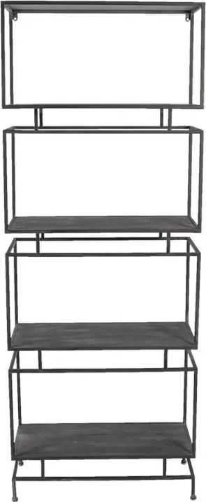 Etajeră metalică îngustă, negru, cu 4 rafturi din lemn și cadre suprapuse, 160 x 61 x 23 cm, „Verne”