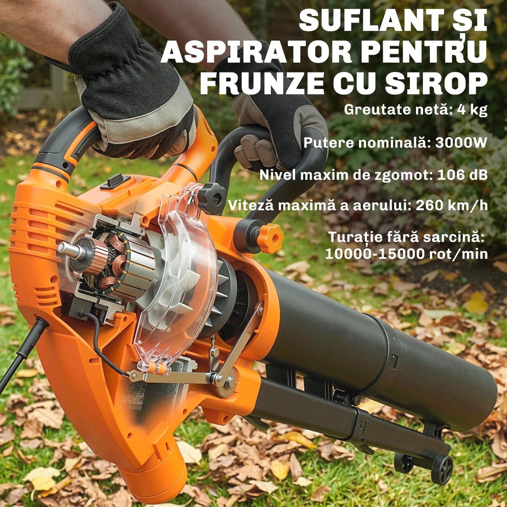 Outsunny 3-în-1 Suflantă, Aspirator, Tocător pentru Frunze 3000W, Ușor | Aosom Romania