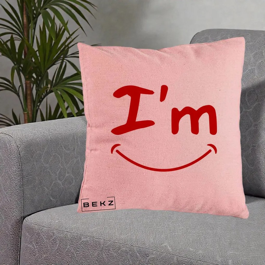 Perna Decorativa I'm Happy Smile, 40x40 cm, Roz, Husa Detasabila, Perna Inclusa, BEKZ®