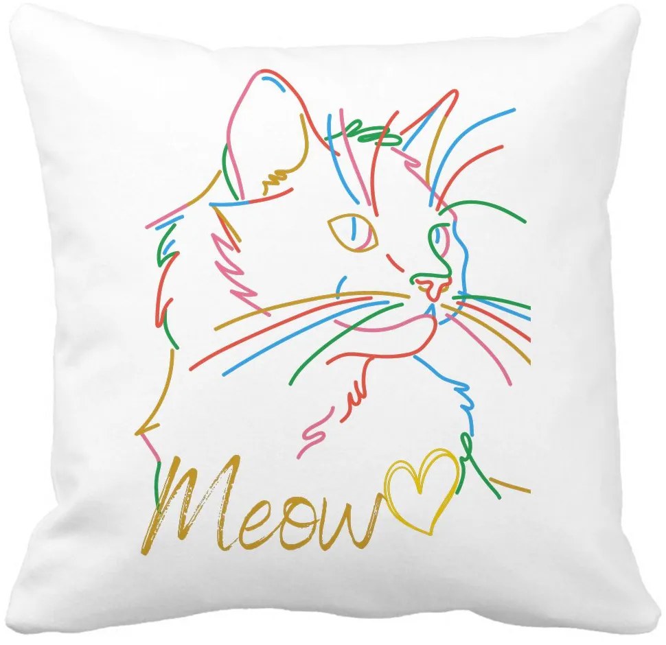 Perna Decorativa Patrata Pisica Meow, 40x40 cm, Alba, Mata, Husa Detasabila, Burduf