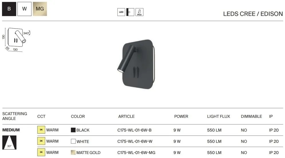 Aplica de perete cu spot LED directionabil LOS 176 alb