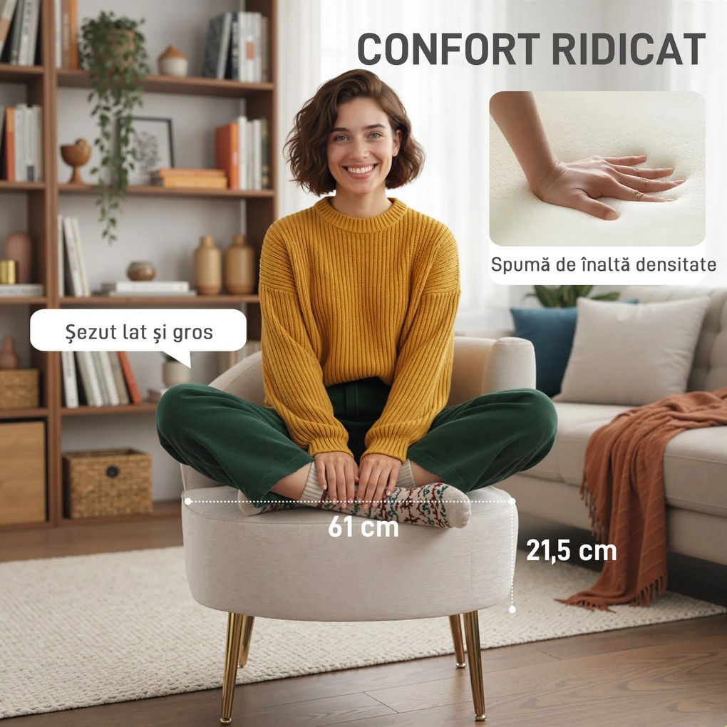 HOMCOM Scaun Modern pentru Living cu Spătar Arcuit și Arcuri Individuale, Tapițat cu Chenille, Spumă, Lemn și Oțel, 69x65x67 cm, Crem și Auriu | Aosom Romania