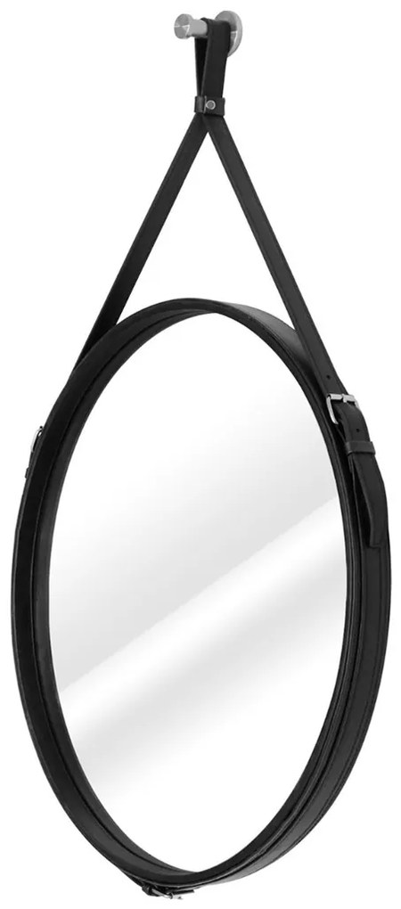 Oglinda rotunda neagra cu maner din piele ESHA Diametrul oglinzii: 60 cm