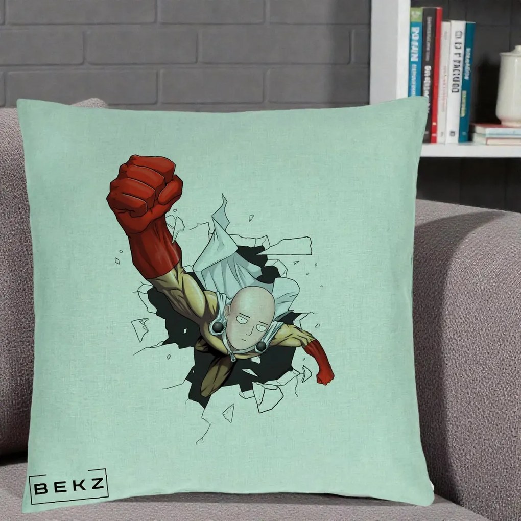 Perna Personalizata One Punch Man Saitama Pumn, 40x40 cm, Verde Menta, Husa Detasabila, Perna Inclusa, BEKZ®
