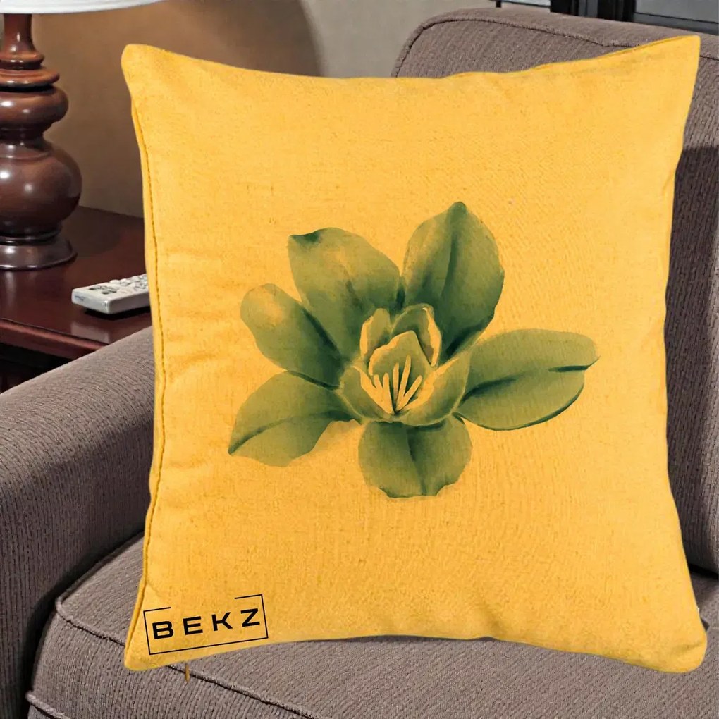 Perna Decorativa Magnolie Albastra Acuarela, 40x40 cm, Galben, Husa Detasabila, Perna Inclusa, BEKZ®