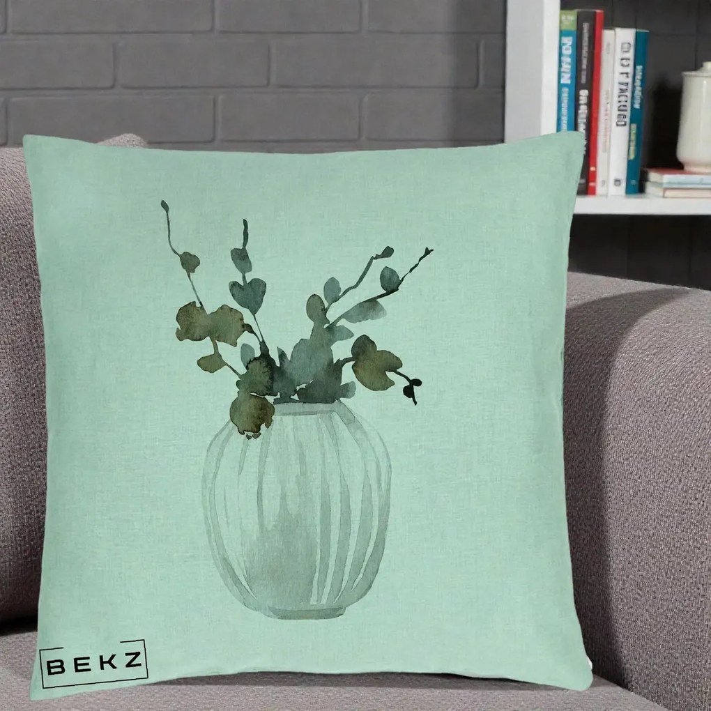 Perna decorativa cu flori: Vaza cu Eucalipt Watercolor, 40x40 cm cu Umplutura, Verde Menta, BEKZ