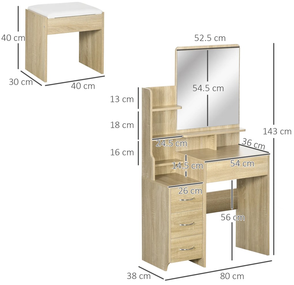 HOMCOM Set de coafare masa de machiaj cu taburet tapitat mare oglinda + rafturi deschise multiple + 4 sertare lemn natural | Aosom Romania