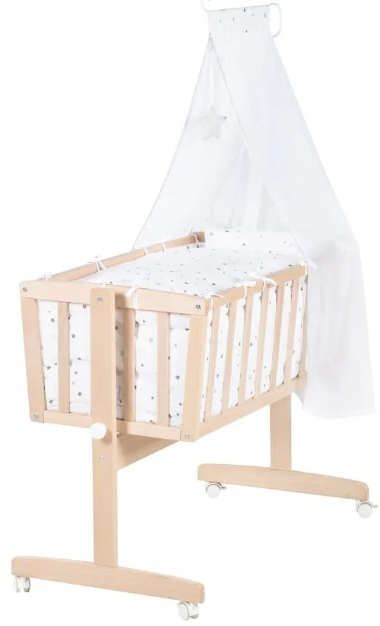 Pătuț leagăn în culoare naturală din lemn de fag cu roți/cu baldachin 40x90 cm – Roba