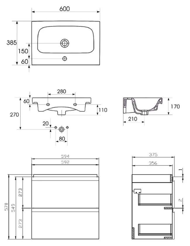 Set dulap baie suspendat 2 sertare, lavoar inclus, Cersanit Moduo Slim, 60 cm, gri Gri, 600x385 mm