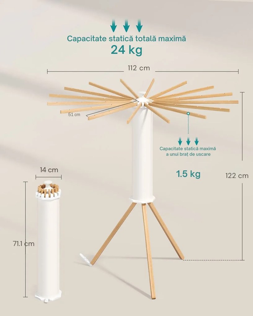 Uscător rotativ de rufe AIRYWOOD cu brațe din lemn, Ø112x122 cm, maro natura SongmicsHome