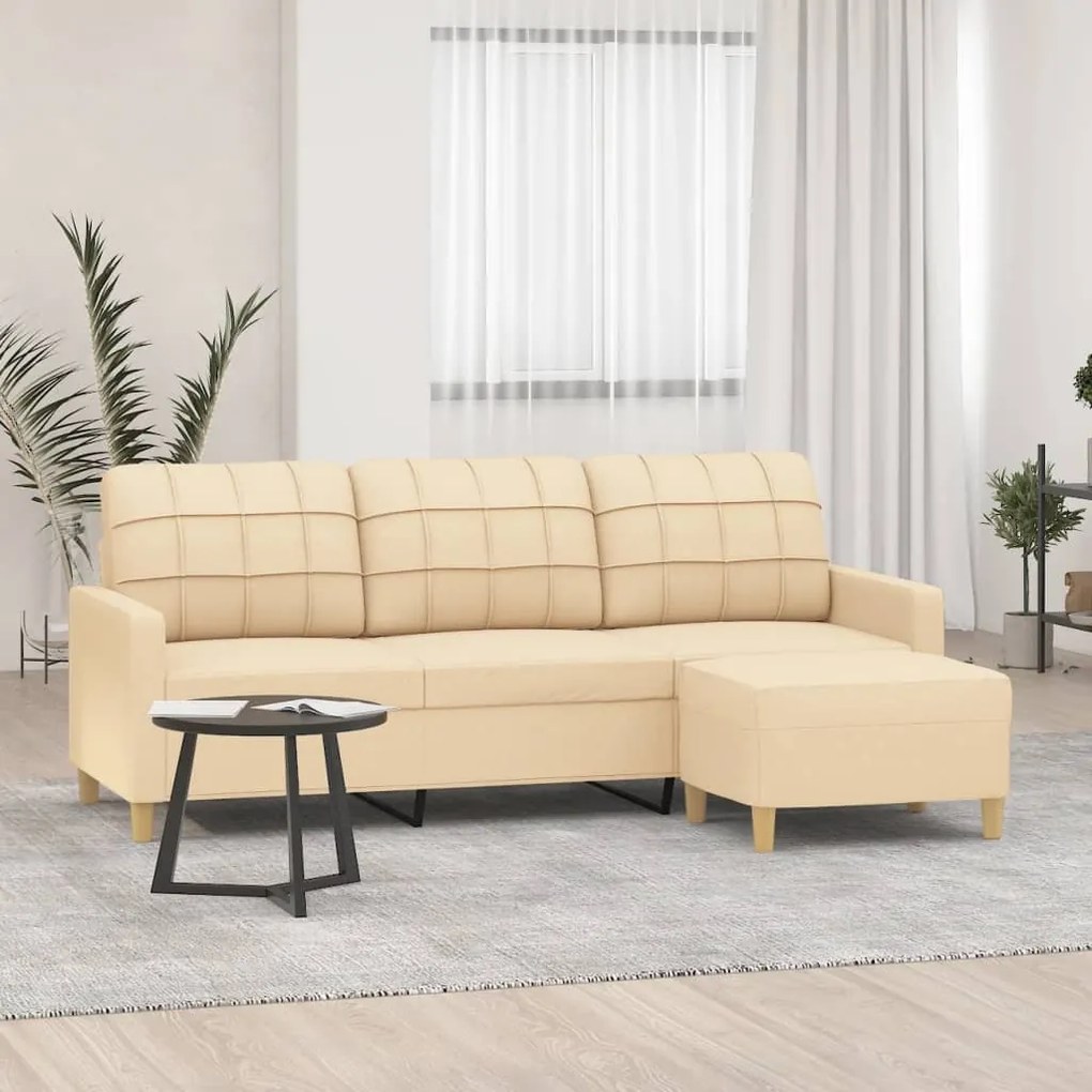 3153321 vidaXL Canapea cu 3 locuri cu taburet, crem, 180 cm, material textil