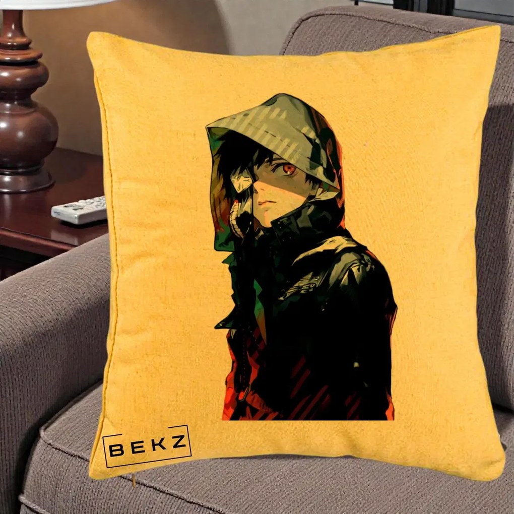 Perna Personalizata Tokyo Ghoul Ken Kaneki cu Masca si Gluga, 40x40 cm, Galben, Husa Detasabila, Perna Inclusa, BEKZ®