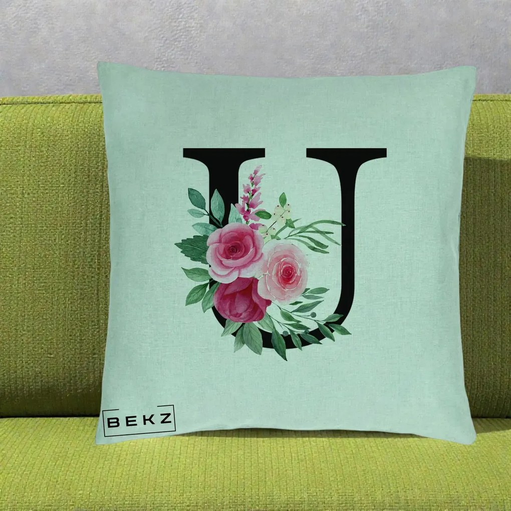 Cadou Personalizat - Perna Personalizata Monograma Florala Litera U, 40x40 cm, Verde Menta, Husa Detasabila, Perna Inclusa, BEKZ®