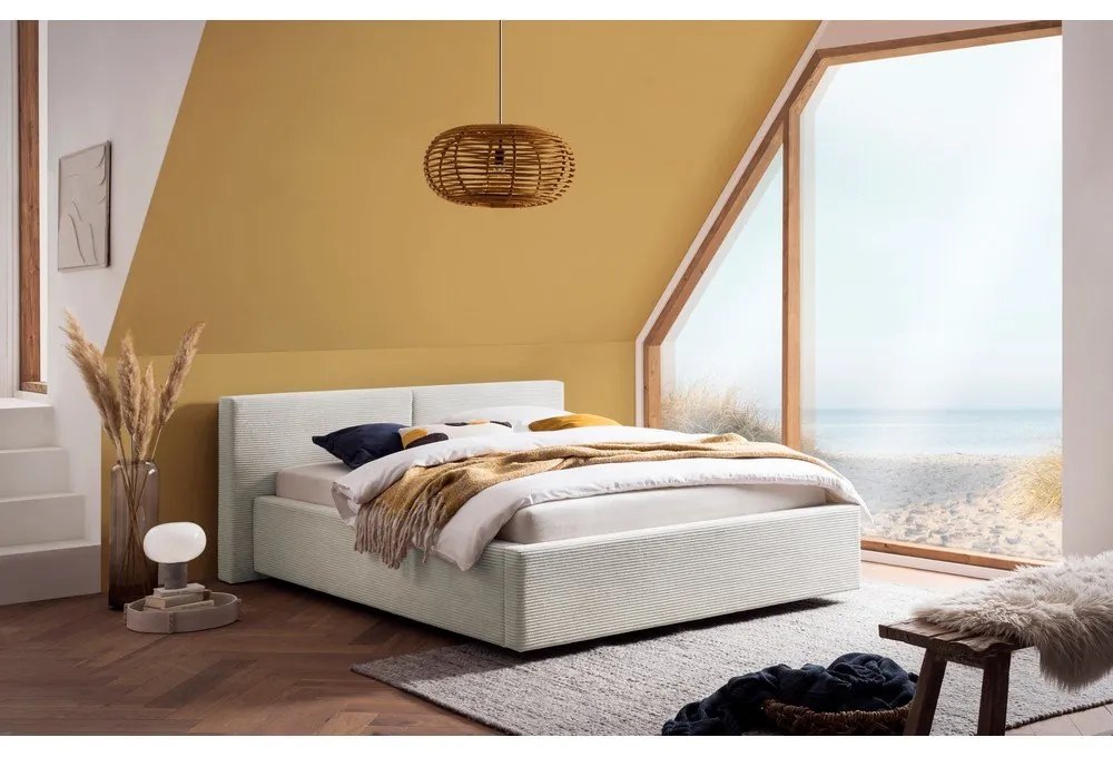 Pat matrimonial bej tapițat cu spațiu de depozitare cu somieră 140x200 cm Cube – Meise Möbel