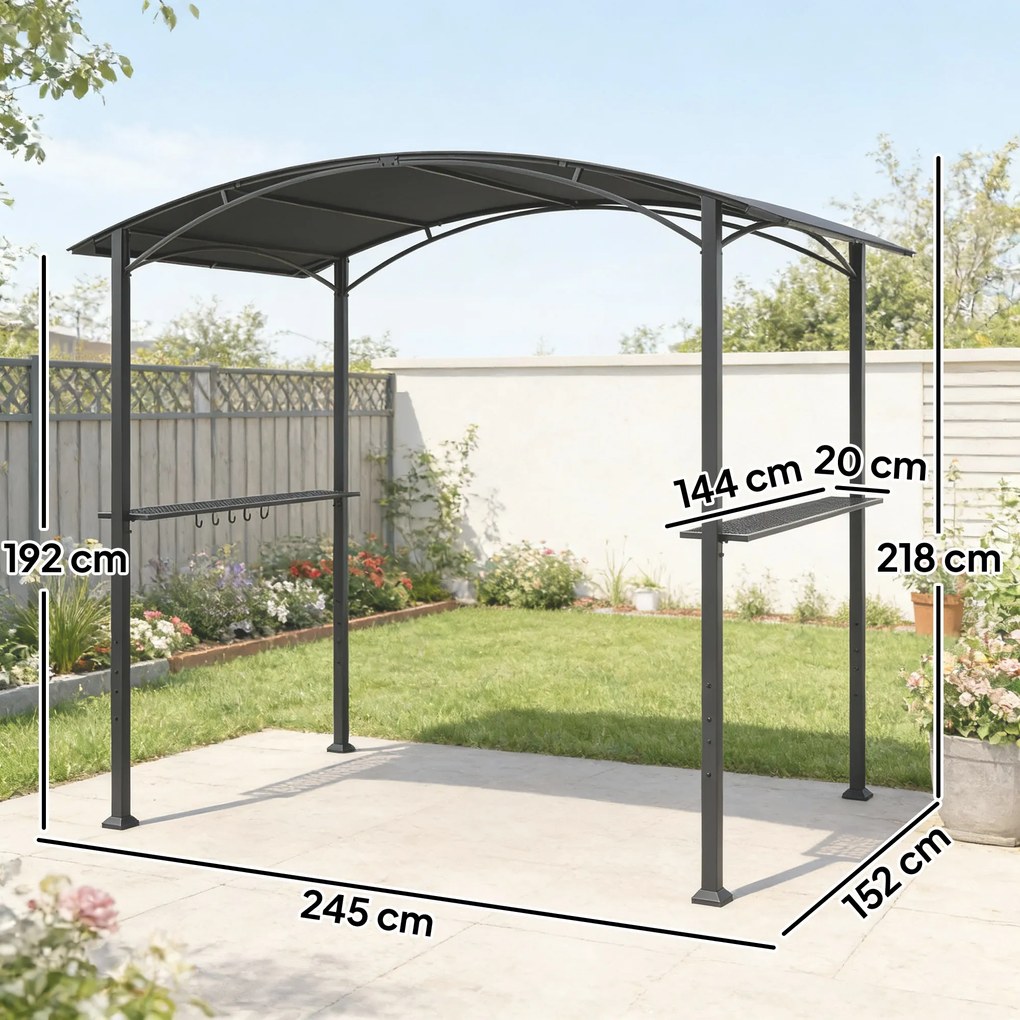 Outsunny Gazebo pentru Grătar 2.5x1.5 m, Pergolă pentru Grătar cu 2 Rafturi Laterale și Cârlige, Cadru din Oțel și Acoperiș din Poliester pentru Grădină, Gri Închis | Aosom Romania