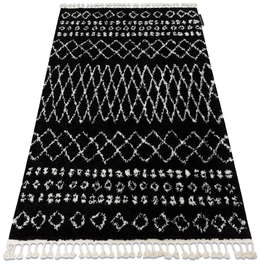 Covor Berber Ethnic G3802 negru si alb Franjuri shaggy pletos