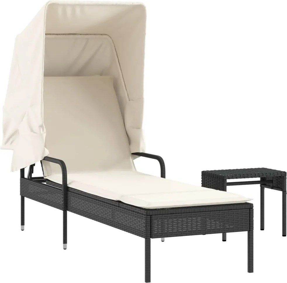 vidaXL Șezlong cu baldachin și masă, negru, poliratan