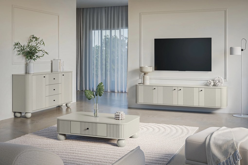 Măsuță de cafea Vesper 103x60 cm cu sertar - cashmir / mânere negre / picioare sferice