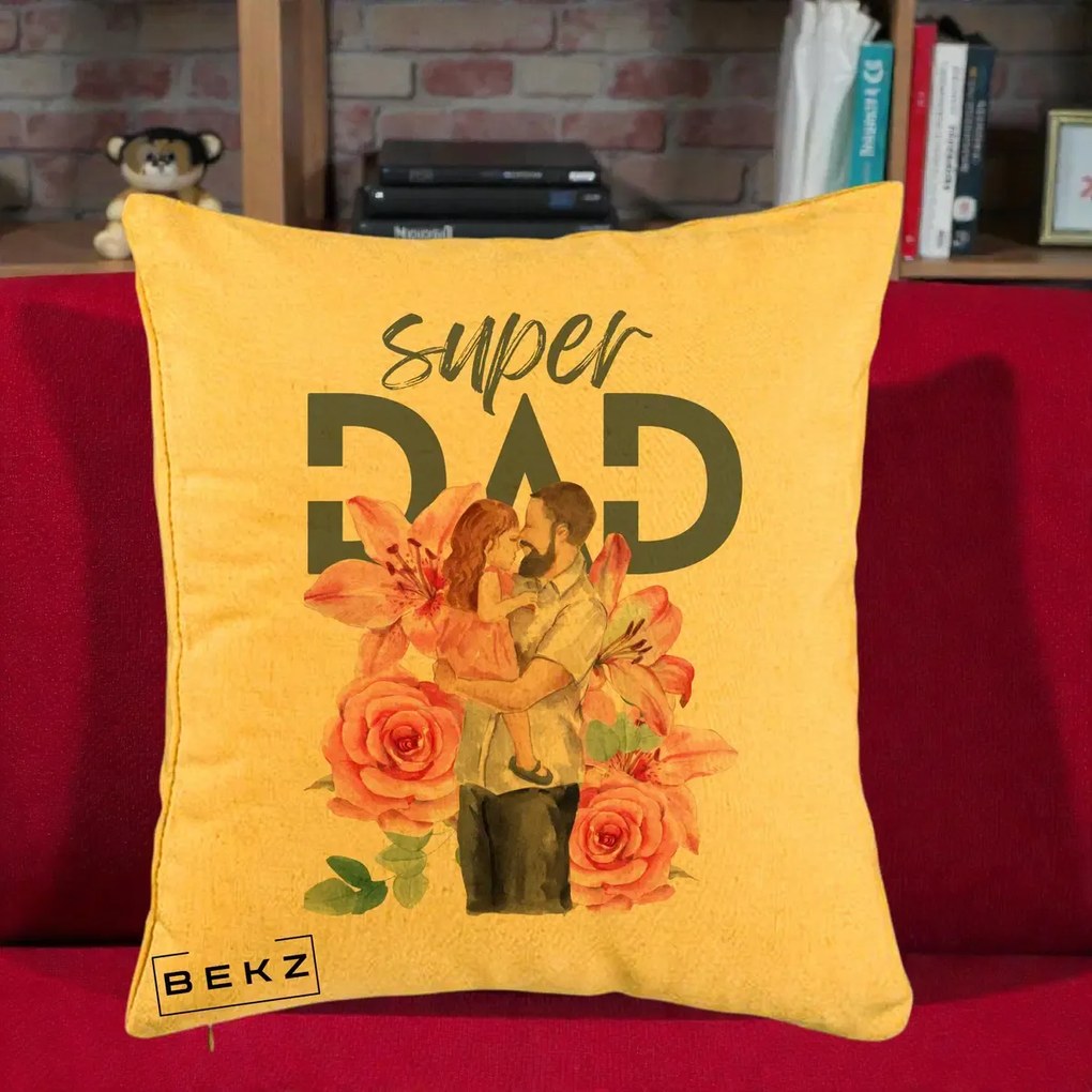 Cadou pentru Tata - Perna Personalizata Super Dad Tata cu Fetita si Flori, 40x40 cm, Galben, Husa Detasabila, Perna Inclusa, BEKZ®