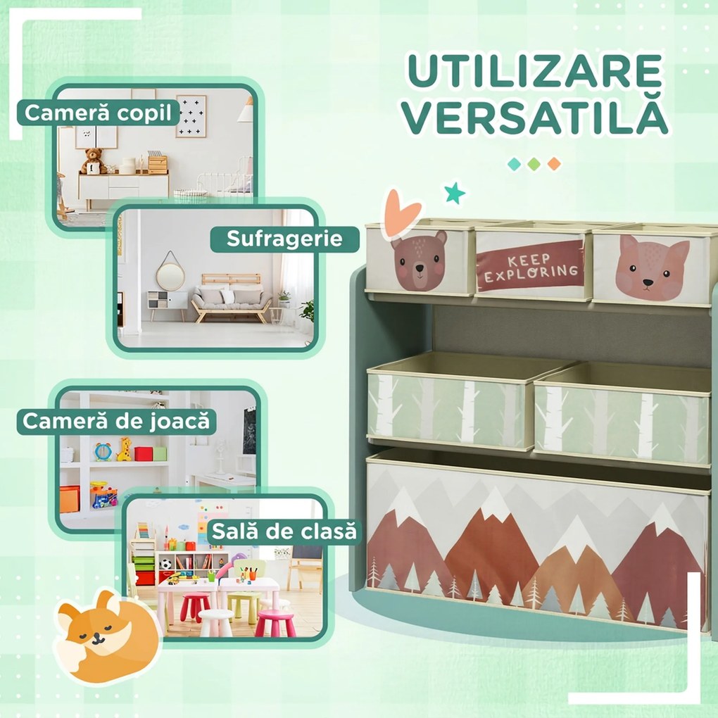 ZONEKIZ Raft Mobil pentru Jucării, Comodă cu 6 Rafturi Detașabile din Material Textil, 63x30x66 cm, Verde | Aosom Romania