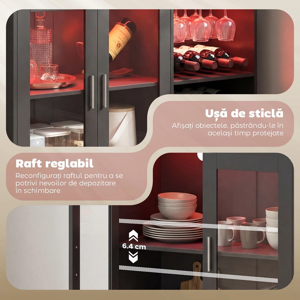 HOMCOM Dulap Port-Sticle cu Lumini LED RGB și Suport pentru 12 Sticle, Dulap pentru Vinuri cu Raft Reglabil și Uși cu Închidere Lentă din Sticlă pentru Casă, Bucătărie și Sufragerie, Negru | Aosom Romania