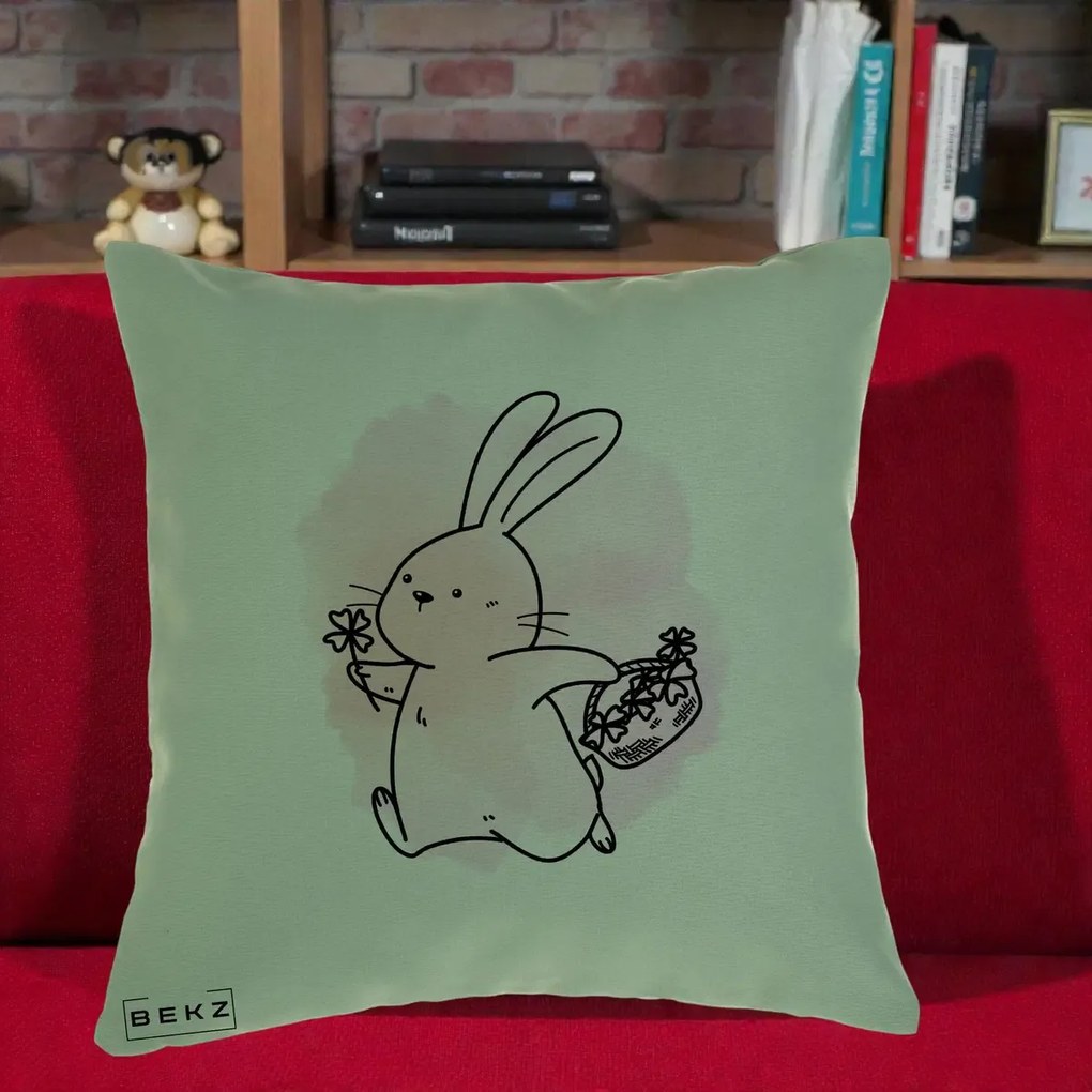 Perna Decorativa Iepuras Kawaii cu Cosulet Floral, 40x40 cm, Verde, Husa Detasabila, Perna Inclusa, BEKZ®