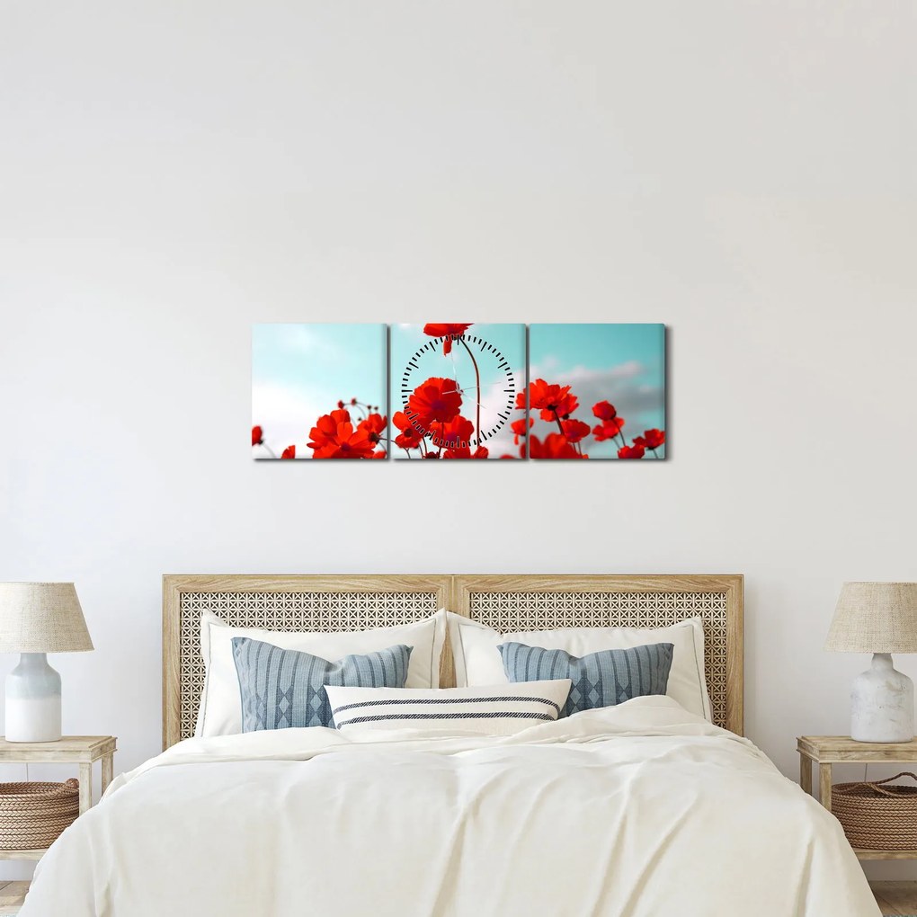 Tablou - Câmp cu flori roșu deschis (cu ceas) (90x30 cm)