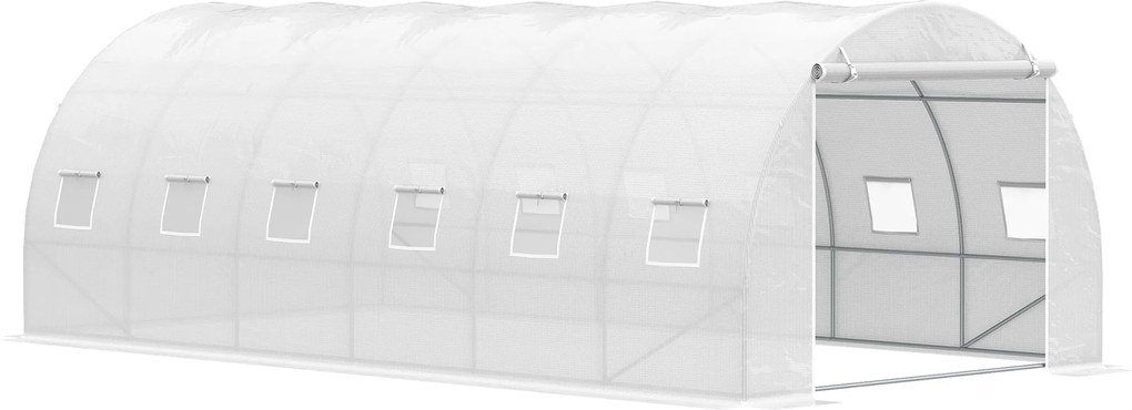 Outsunny Seră tip tunel 6x3x2 m Seră de grădină cu ușă rulabilă 12 ferestre Învelitoare PE 140 g/m² și metal galvanizat pentru culturi plante legume Alb | Aosom Romania